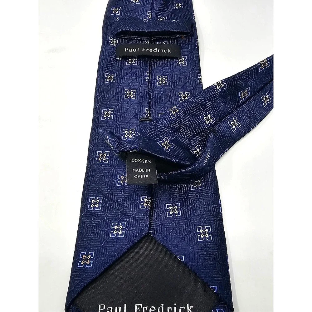 PAUL FREDRICK Navy Blue Tan Geometric Silk Tie Classic Business Formal